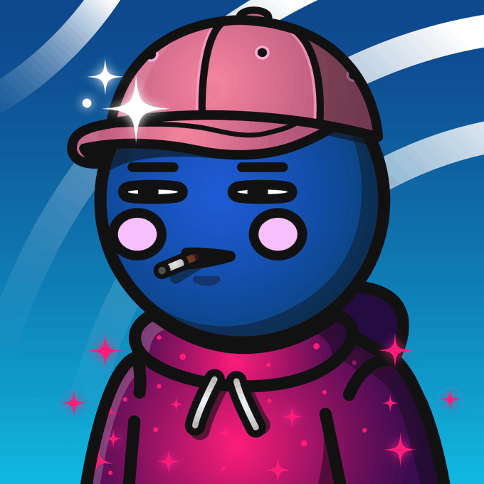 The image features a cartoon character wearing a pink hat, a pink hoodie, and has a cigarette in their mouth. The caption reads "Space Riders #5893 just sold for 0.119 ETH (#204)". This suggests that the artist who created this character is selling their work online or through an auction platform like eBay or Etsy.