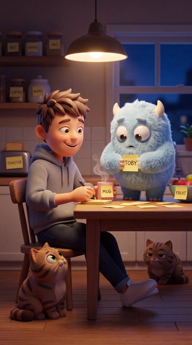 A Pixar-style illustration of a boy writing at a kitchen table, accompanied by a fluffy blue monster holding a 'TOBY' mug and two tabby cats.