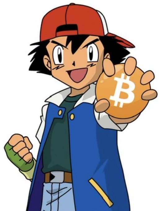 Ash Ketchum from Pokémon holds out a Bitcoin coin (marked with the ₿ symbol) with an excited grin, playfully tying the post's gaming handle "GotBitcoin" to the cryptocurrency by having Ash show off his "Bitcoin" like a prized Pokéball catch.