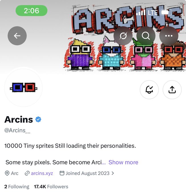 A screenshot of the Arcins (@Arcins_) Twitter profile showing 17.4K followers, featuring pixelated 3D-glasses character artwork and the bio "10000 Tiny sprites Still loading their personalities." The profile appears to be the subject of a giveaway mentioned in the accompanying post, which offers 5 GTD to followers of the account.