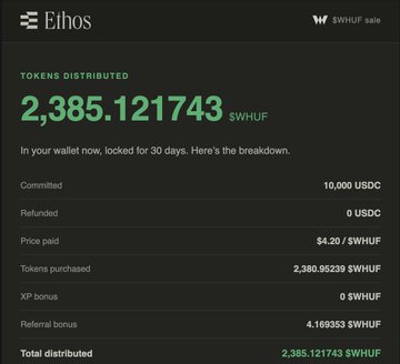 The image displays an Ethos wallet screen showing a "Tokens Distributed" summary of 2,385.121743 $WHUF, with a breakdown including 10,000 USDC committed, a $4.20 price paid, and a 4.169353 $WHUF referral bonus, all locked in the wallet for 30 days. This visually confirms the poster's claim of using their $WHUF tokens to vouch during the Ethos sale, illustrating the token allocation they received from participating in the offering.