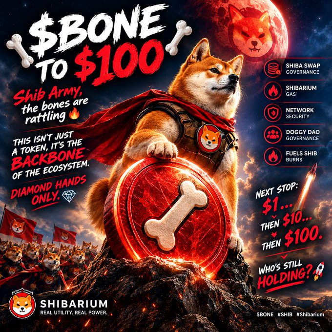 A promotional cryptocurrency poster featuring a Shiba Inu dog in armor holding a bone shield, with text '$BONE To $100', 'SHIBARIUM REAL UTILITY. REAL POWER.', and listing features like 'SHIBA SWAP GOVERNANCE', 'SHIBARIUM GAS', 'NETWORK SECURITY', 'DOGGY DAO GOVERNANCE', and 'FUELS SHIB BURNS'.