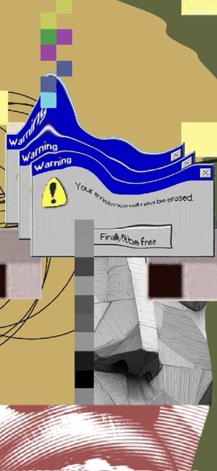 The image features a collage of various elements, including a warning sign with a yellow exclamation point, a picture of a person's face, and a message about "Finally I'll be free!". The collage also includes a warning label that says "You must not be closed". The background is a mix of brown and green colors.