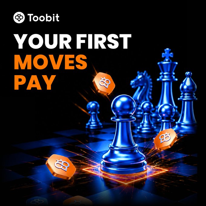 A Toobit cryptocurrency advertisement featuring 3D blue chess pieces and orange Bitcoin coins with the text 'YOUR FIRST MOVES PAY'.