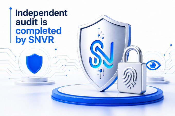 A promotional graphic stating 'Independent audit is completed by SNVR,' featuring a silver shield with the SN logo, a padlock with a fingerprint, and a blue shield icon.