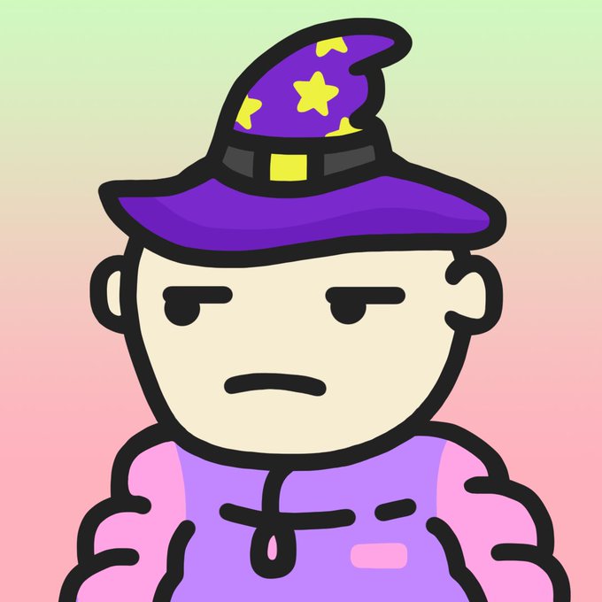A cartoon illustration of a character wearing a purple wizard hat with yellow stars and a purple vest over a pink shirt, displaying a serious expression against a gradient background.