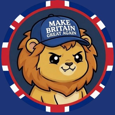 The image shows a cartoon lion wearing a blue cap with the text "MAKE BRITAIN GREAT AGAIN," set against a red, white, and blue poker chip-style background. The post references what appears to be a Solana memecoin ticker (likely named after the lion image), suggesting this is promotional artwork for a British-themed "Make Britain Great Again" crypto token parodying MAGA-style branding.