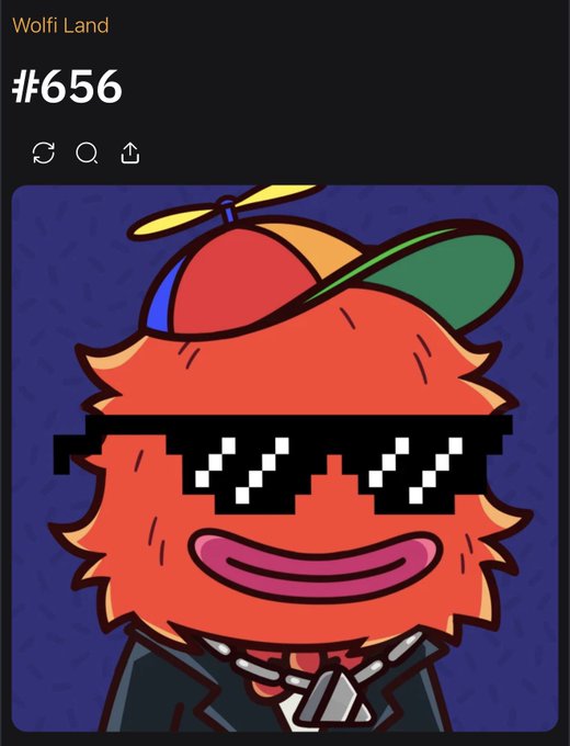 A digital card from 'Wolfi Land' #656 featuring a cartoon character with orange fur, a propeller hat, pixelated sunglasses, and a smiling face.
