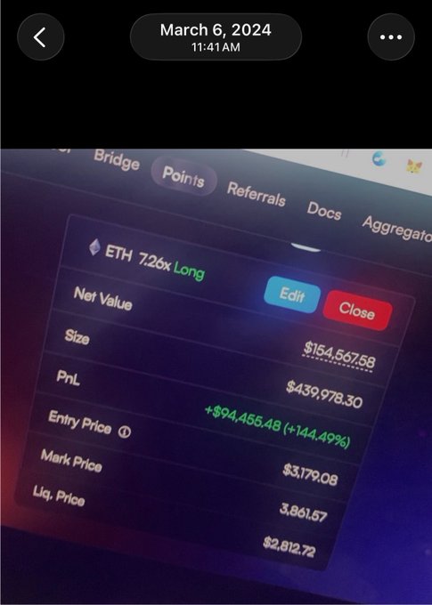 A photo of a crypto trading position showing a 7.26x long on ETH with a PnL of +$94,455.48 (+144.49%) on what appears to be a perpetual futures platform. This image aligns with the post's theme of 2024 being "easy mode" in crypto trading, as it showcases a highly profitable leveraged position.