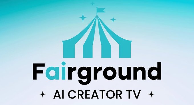 A logo featuring a teal circus tent with a flag on top, above the text 'Fairground AI CREATOR TV' on a light blue gradient background.