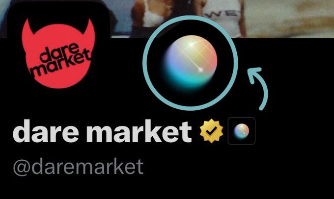 A screenshot of the Twitter/X profile for "dare market" (@daremarket) showing the account's red devil logo and profile picture, with the "World" app icon (a colorful sphere) added next to the verified badge, illustrating the post's mention of the profile being added to the World app.