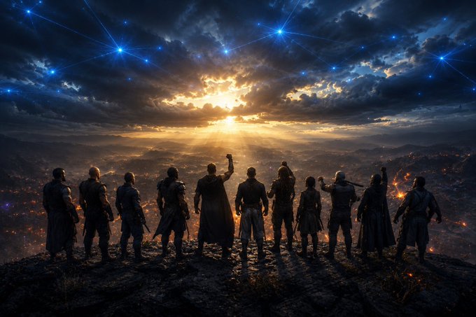 A group of warriors stands on a cliff overlooking a glowing landscape beneath a constellation-patterned sky, symbolizing the post's celebration of reaching 1000 followers as a unified community rallying around $ETH and $BMNR. The raised fist of the central figure reinforces the message of solidarity and collective resilience in the crypto journey.