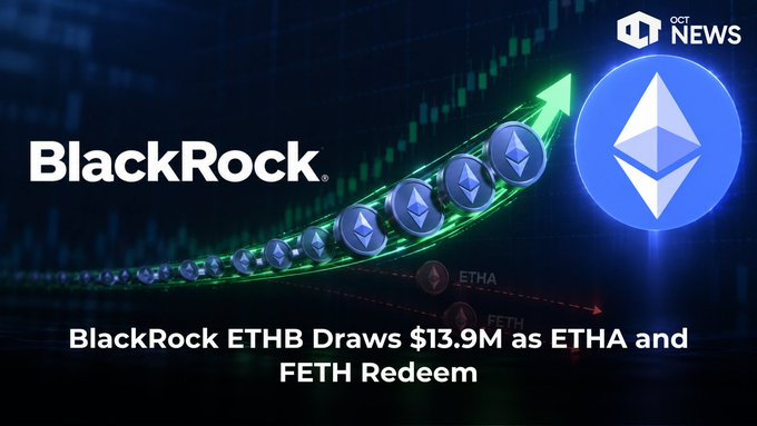 A news graphic from OCT News reporting that BlackRock's ETHB ETF drew $13.9M as ETHA and FETH saw redemptions, featuring an Ethereum logo with an upward green arrow.
