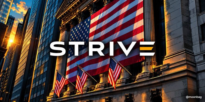 The image features the word "STRIVE" in bold white lettering with a yellow accent on the "E," overlaid on a U.S. government-style building draped with large American flags, alongside smaller American flags mounted on the facade at golden hour. It visually reinforces the post's patriotic, institutional tone, framing Strive's $107.7 million Bitcoin purchase as a powerful, conviction-driven treasury move built on American resolve.