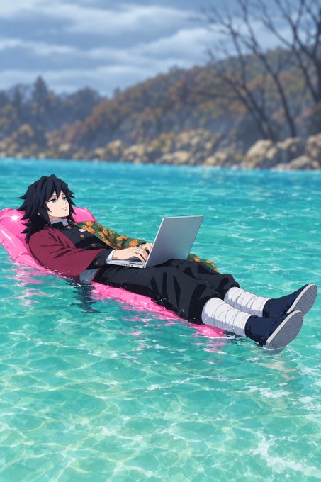 An anime illustration of a dark-haired character relaxing on a pink inflatable float in clear turquoise water, wearing a dark uniform with bandages and a colorful patterned scarf while using a silver laptop, with a forested shoreline in the background.