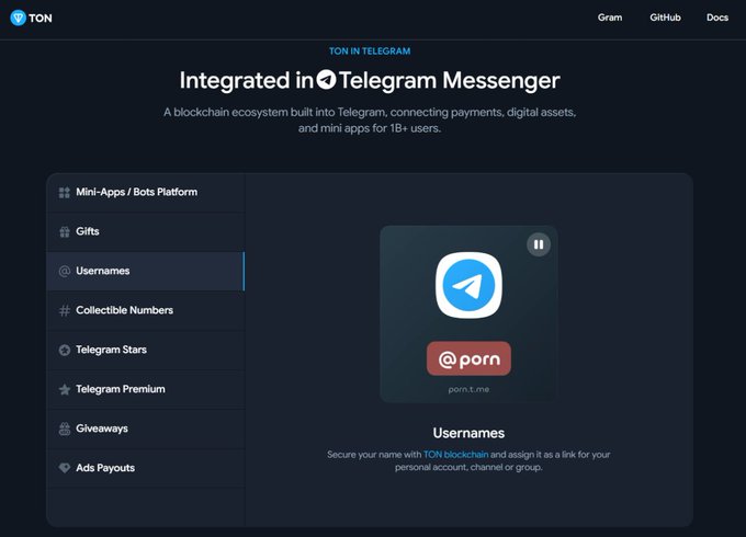 The image shows the updated TON website (ton.org) rebranded under "TON IN TELEGRAM," with the "Usernames" section highlighted in the left navigation menu and displaying the example username "@porn" (porn.t.me) alongside the Telegram logo. This visually reinforces the post's claim that Telegram is fully integrating TON under its own brand, using the controversial "@porn" example to underscore the new username ecosystem.