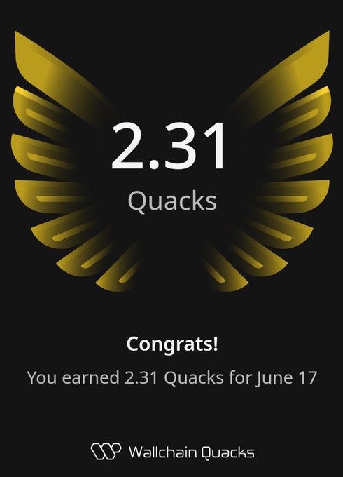 The image features a poster with an illustration of a bird's wing, which has the number "2.31 Quacks" written below it. The poster also contains text that congratulates the user for earning 2.31 Quacks on Wallchain Quacks in one day and encourages them to share their post with others to see more insights into the platform.