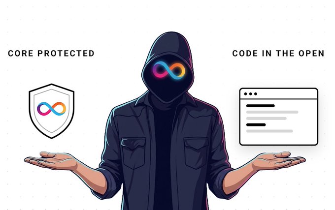 A graphic illustration of a hooded figure wearing an infinity symbol mask, balancing a shield labeled 'CORE PROTECTED' and a code window labeled 'CODE IN THE OPEN'.