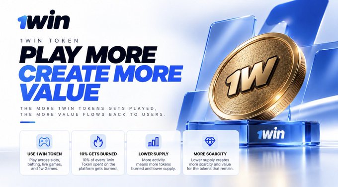A promotional banner for '1WIN TOKEN' with the tagline 'PLAY MORE CREATE MORE VALUE,' highlighting features like using tokens across various platforms, 10% burn rate, lower supply, and scarcity.