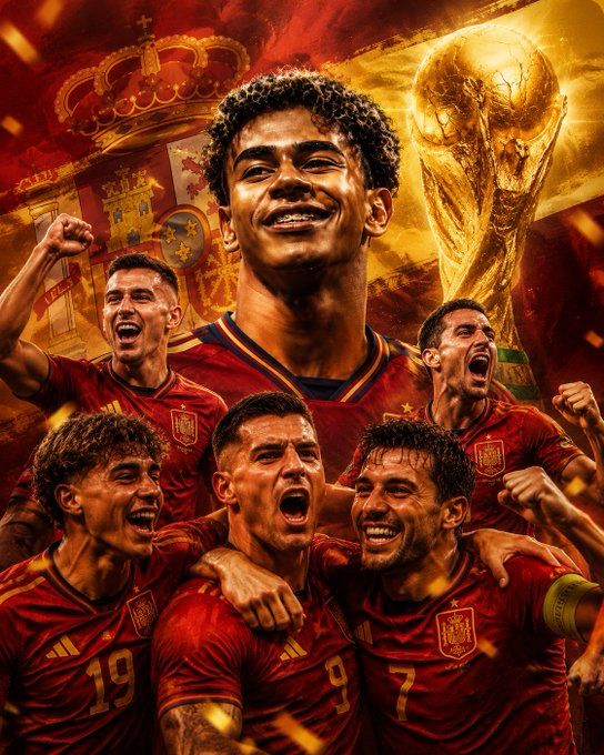 A celebratory montage featuring Spanish national soccer team players including Lamine Yamal, surrounded by Spanish flags, a crown, and the FIFA World Cup trophy.