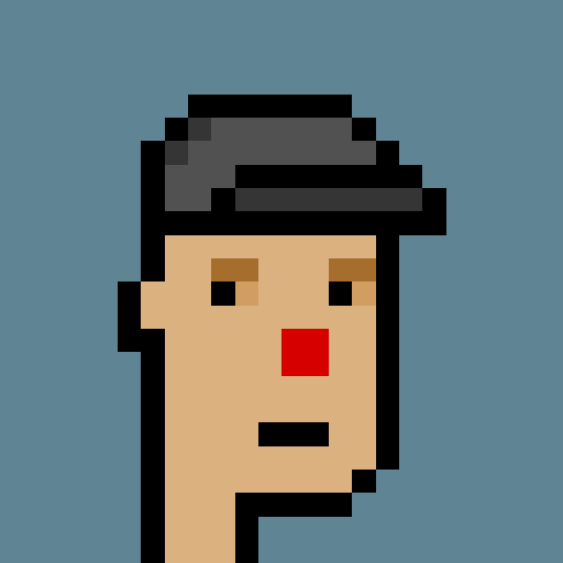 A pixel art illustration of a person's face with dark hair, a red mouth, and brown eyes on a blue background.
