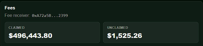 A "Fees" panel displays a fee receiver address (0xa72a5b…2399) with $496,443.80 claimed and $1,525.26 unclaimed, likely representing the $MEME developer's wallet shown in the congratulatory post.