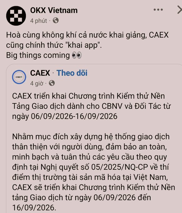 Facebook post from 'OKX Vietnam' announcing CAEX app launch, quoting 'Big things coming', with details about a platform testing program from 06/09/2026-16/09/2026.