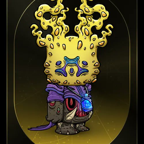 A stylized digital creature with a large, coral-like yellow head and a small armored body holding a blue orb marked "GG" is shown. The image accompanies a post about a Koda #2577 NFT purchased for 0.86 ETH, with the whimsical character design reflecting the playful, mysterious nature of the Koda collection.