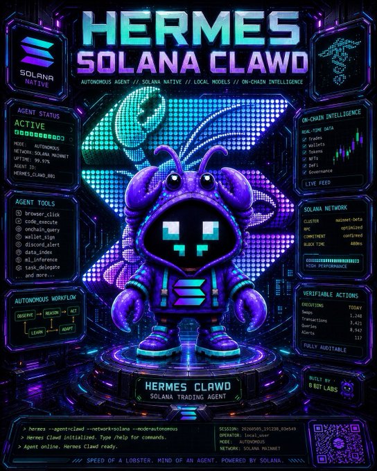 A cyberpunk-style promotional poster for 'HERMES SOLANA CLAW' - an autonomous Solana trading agent with 89.97% uptime, displaying agent tools, on-chain intelligence, and Solana network stats.