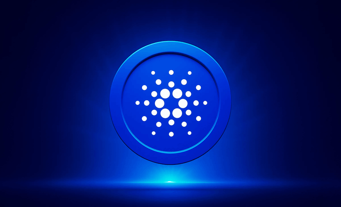 The image displays the Cardano (ADA) cryptocurrency logo, a blue circular emblem featuring the iconic dotted pattern, set against a dark blue background with a glowing light beneath. This visual represents the upcoming Cardano "Van Rossem" hard fork, which will introduce ZK-ready cryptography and lower-cost smart contracts to the blockchain network.