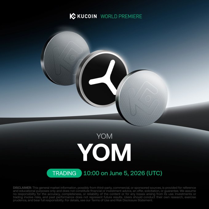 The image features a poster for an event called "YOM" that is happening on June 5, 2026. The poster includes three coins - two silver ones and one black one - floating in mid-air above a blue background. The text on the poster announces that this event is related to cryptocurrency trading and that it will be held at 10:00 on June 5, 2026. It also mentions that there are some details about the event posted on social media platforms like Twitter and Facebook.