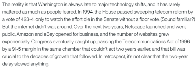 A text excerpt discussing how Washington has historically been late to major technology shifts, citing the 1994 telecom reform and the Telecommunications Act of 1996.