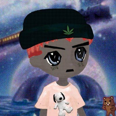 A stylized cartoon character with dark skin, large expressive eyes, and a black beanie featuring a green cannabis leaf sits against a cosmic starry background, wearing a peach t-shirt printed with a small white teddy bear. The image represents the "Remilio" NFT character making friends ("frens") with "Autismos" and "Miladys" as referenced in the post.