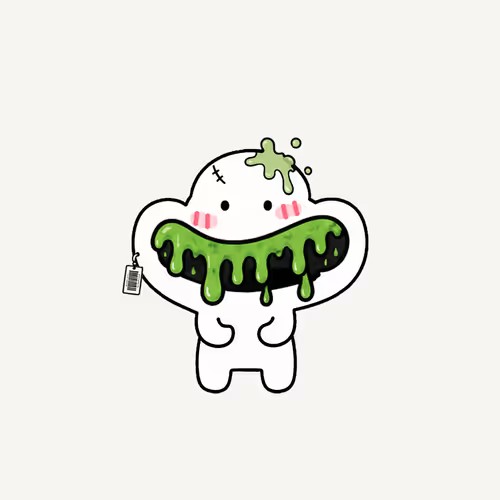 A cartoon illustration of a cute white character with pink cheeks covered in dripping green slime, with a small tag hanging from one ear.