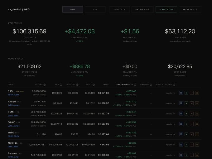 Cryptocurrency portfolio dashboard displaying a 'TOTAL VALUE' of $106,315.69 and a 'MEME BASKET' value of $21,509.62, listing coins including TROLL, ANSEM, PUMP, TripElT, HYPE, NOCHILL, and Buttcoin with their holdings and P/L.