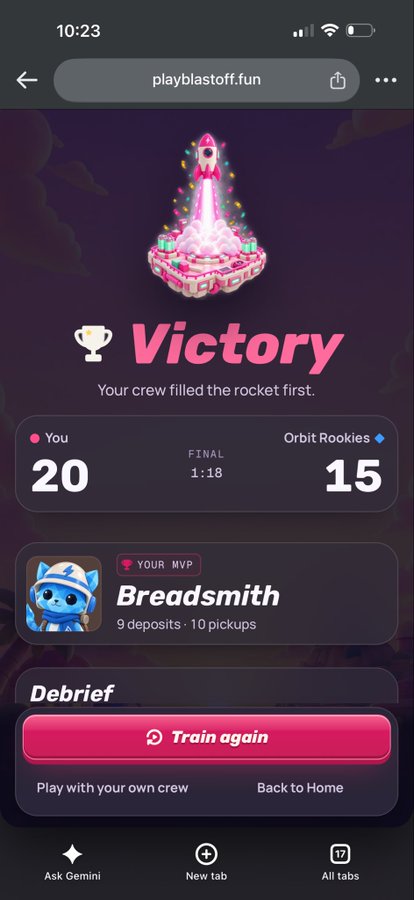 A mobile screenshot of a 'Victory' screen from a game on playblastoff.fun, showing 'Your crew filled the rocket first' with a final score of 20 to 15 against 'Orbit Rookies', naming 'Breadsmith' as the MVP.