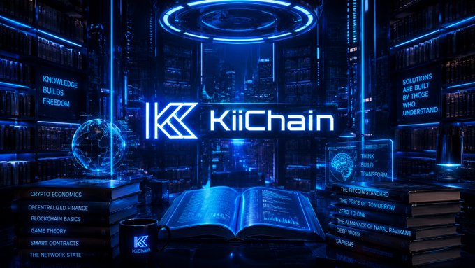 The image features an open book with the words "KiiChain" written on its cover. The book appears to be about cryptocurrency or blockchain technology. Surrounding the book are several books, indicating that this might be a library or a study area dedicated to learning and discussing these topics. A computer monitor is also present in the scene, suggesting that it could be used for research or studying related to KiiChain and its infrastructure.