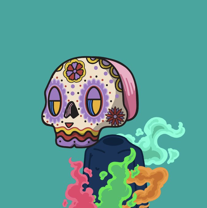 A stylized cartoon illustration of a sugar skull character with colorful floral patterns, emerging from colorful pink, green, and orange smoke against a teal background.