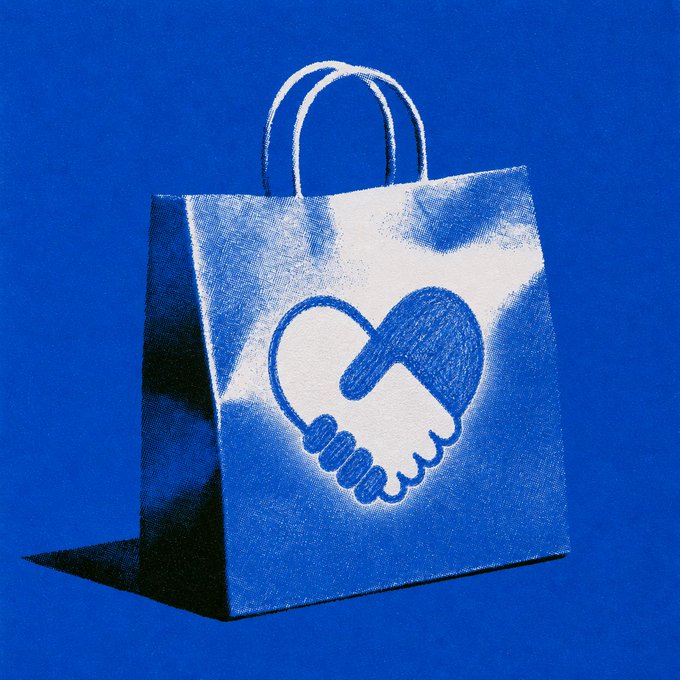 An illustration of a white and blue paper shopping bag featuring a handshake logo in a heart shape, set against a solid blue background.