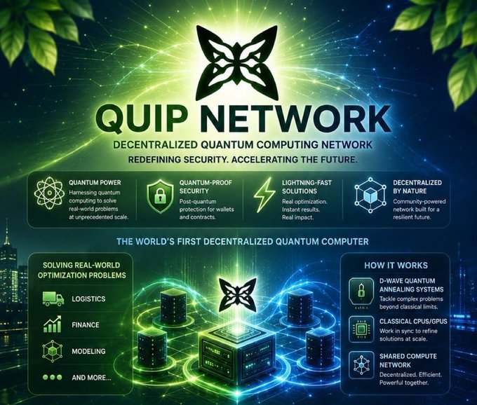 The image features a poster for Quip Network, which is an organization that focuses on connecting classical computing networks with emerging quantum resources. The poster displays various elements related to their mission, such as a butterfly logo symbolizing the interconnectedness of different fields in the network and a blue background representing the sky. The text on the poster highlights the purpose of the network, stating "The world's first decentralized Quantum Computer" and emphasizing that Quip Network connects classical infrastructure with emerging quantum resources for a shared computing marketplace where participants can contribute hardware and earn from real".