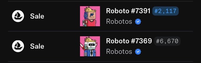 A dark-themed digital listing showing two robot avatars for sale, labeled 'Roboto #7391' (#2,117) and 'Roboto #7369' (#6,670), both verified Robotos.