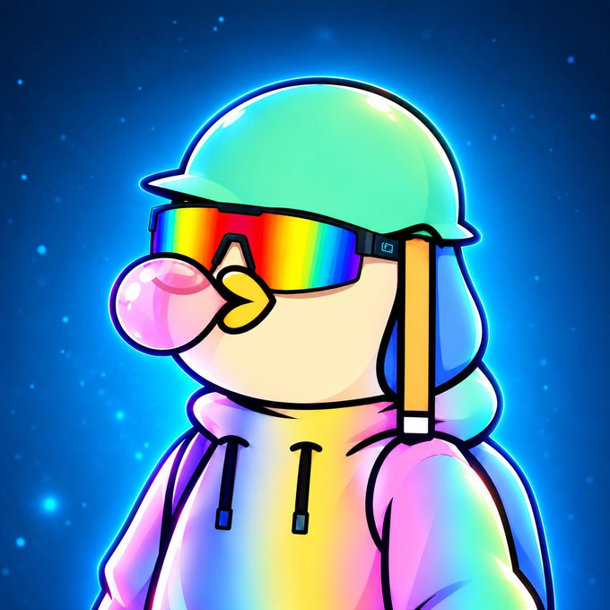 A digital illustration of a character wearing a turquoise bucket hat, rainbow-reflective sunglasses, a bubblegum bubble, and a holographic pastel hoodie against a starry blue background.