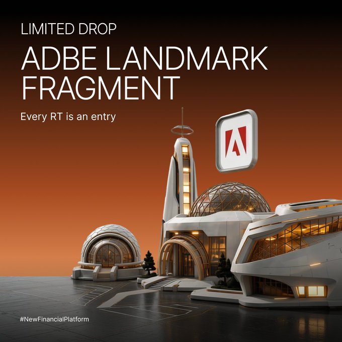 A promotional image for a 'LIMITED DROP' called 'ADBE LANDMARK FRAGMENT' featuring 3D-rendered futuristic white buildings with domes, noting 'Every RT is an entry' and '#NewFinancialPlatform'.