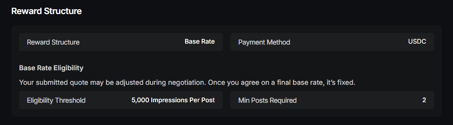 A dark-themed 'Reward Structure' interface showing 'Base Rate' as the structure, 'USDC' as the payment method, with eligibility requiring 5,000 impressions per post and a minimum of 2 posts.