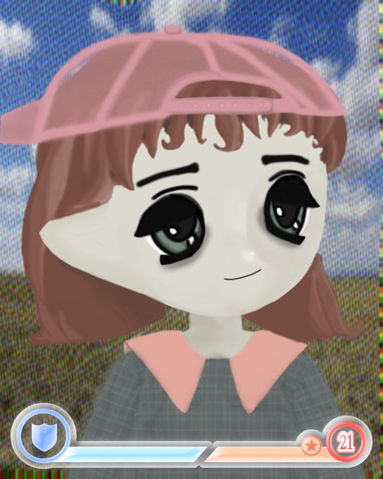 A stylized 3D cartoon character of a girl with brown hair, a pink backwards cap, and a grey shirt with a pink collar, set against a grainy background with a game HUD at the bottom showing a shield icon, a star with '21', and a progress bar.