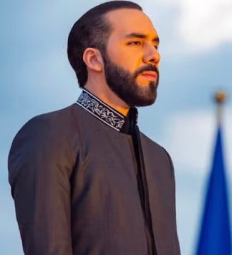 Nayib Bukele, President of El Salvador, gazes off to the side in a dark tunic-style jacket against a cloudy sky, with a flag partially visible behind him. The image accompanies news of the IMF forcing his government to halt its Bitcoin purchases due to a breach of accumulation limits set under its loan program.