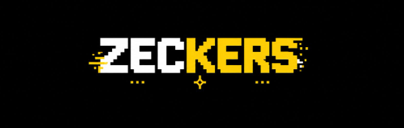 A pixel art logo spelling out the word 'ZECKERS' in white and yellow text with a glitch effect, set against a black background.