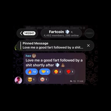 The image shows a screenshot from the official Fartcoin ($FARTCOIN) Telegram group, displaying 4,462 members and 295 online, with a pinned message from user "hax" promoting a "good fart followed by a shit shortly after" alongside reaction emojis. This visually supports the post's claim that a $SHITCOIN promotion was pinned in the official $FARTCOIN Telegram, sparking rumors.