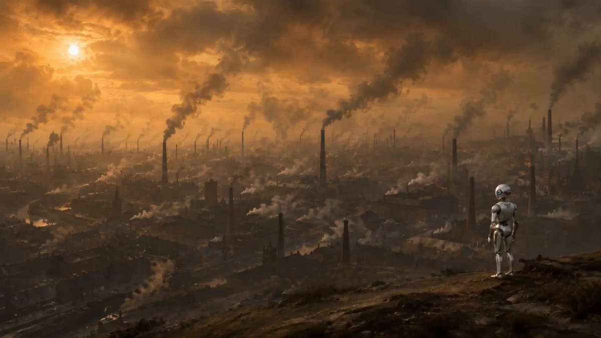The image features a robot standing on top of a hill, looking out over an industrial city with smoke coming from chimneys. The scene includes a sunset or sunrise behind the factory buildings, creating a dramatic backdrop for the robot's position. The image is accompanied by text that reads "Episode 6 - Neo Timewarp: Progress, England 184s Script: Neo himself Stills: ChatGPT GPT-Image with reference image Video: Kling 3.0 Voice: MiniMax speech-02-hd Score: Suno Video was routed through one API on OpenGPU Relay. Paid in OGPU ORC-20."