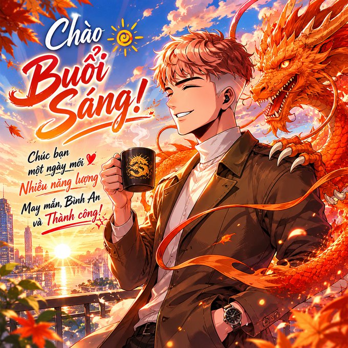 The image features a man holding a cup of coffee while standing next to a large, orange dragon. The background includes a sunset over a city skyline with buildings visible at various distances. The text "Chao Bui Sang!" appears on the poster or book cover, and there is also some text in another language that reads "GM family One weekend day Still working Continuing to tryhard with Node, interacting with X, Yap, daily first... @quipnetwork x @wallchain x @NucleusCodes x @NeoSoulAI". The man holding the coffee appears to be enjoying his time in this foreign city.